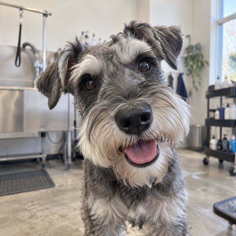 Selfie de un schnauzer curioso mirando de cerca a la cámara / Close-up selfie of a curious schnauzer looking into the camera